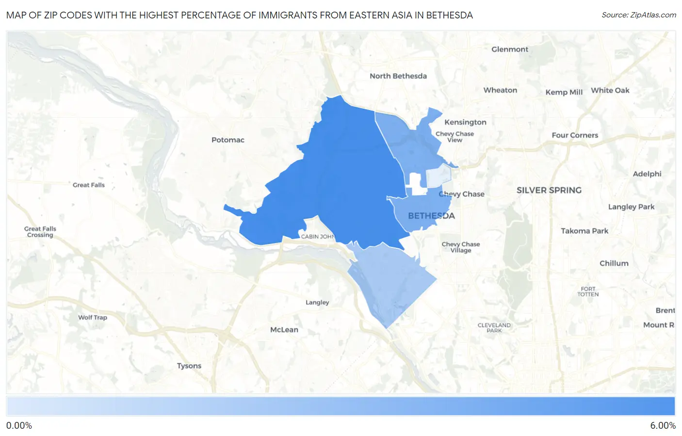 Zip Codes with the Highest Percentage of Immigrants from Eastern Asia in Bethesda Map