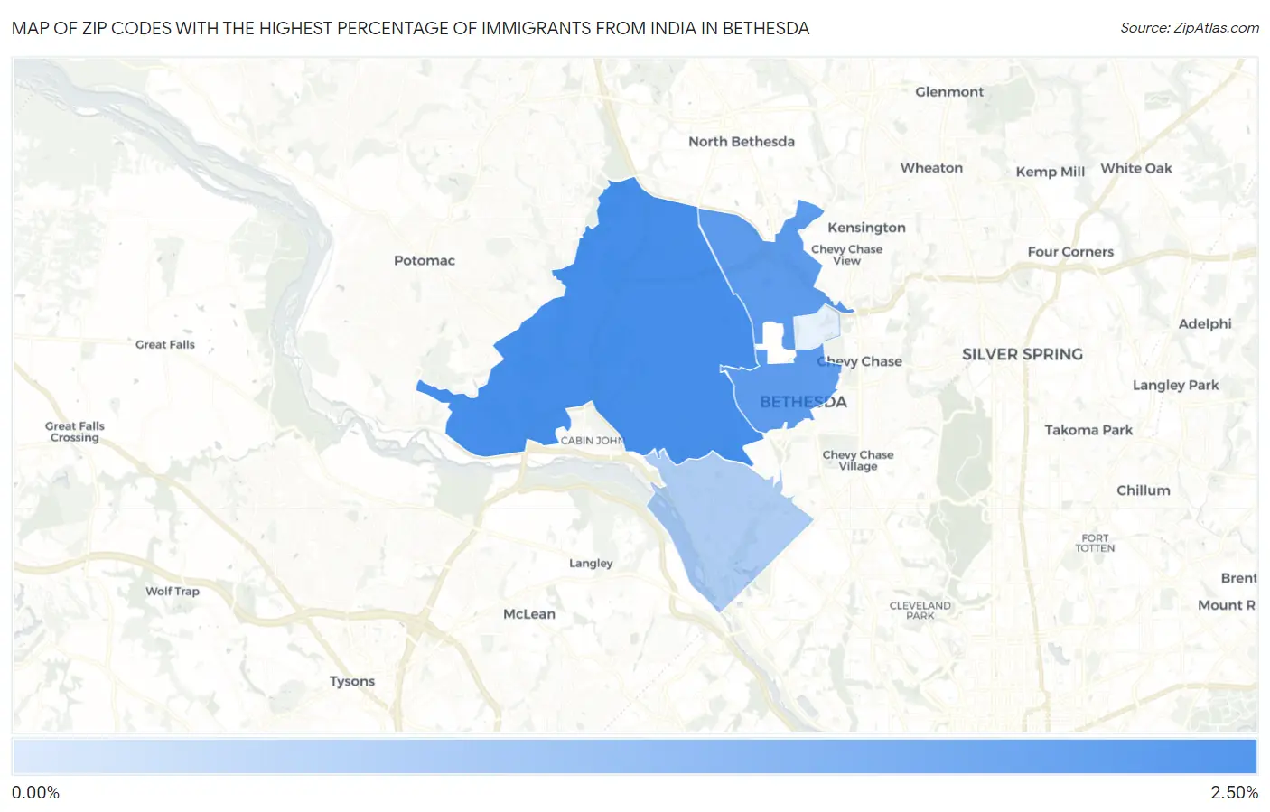 Zip Codes with the Highest Percentage of Immigrants from India in Bethesda Map