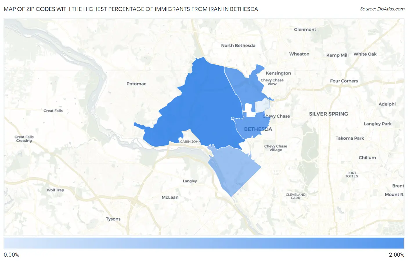 Zip Codes with the Highest Percentage of Immigrants from Iran in Bethesda Map