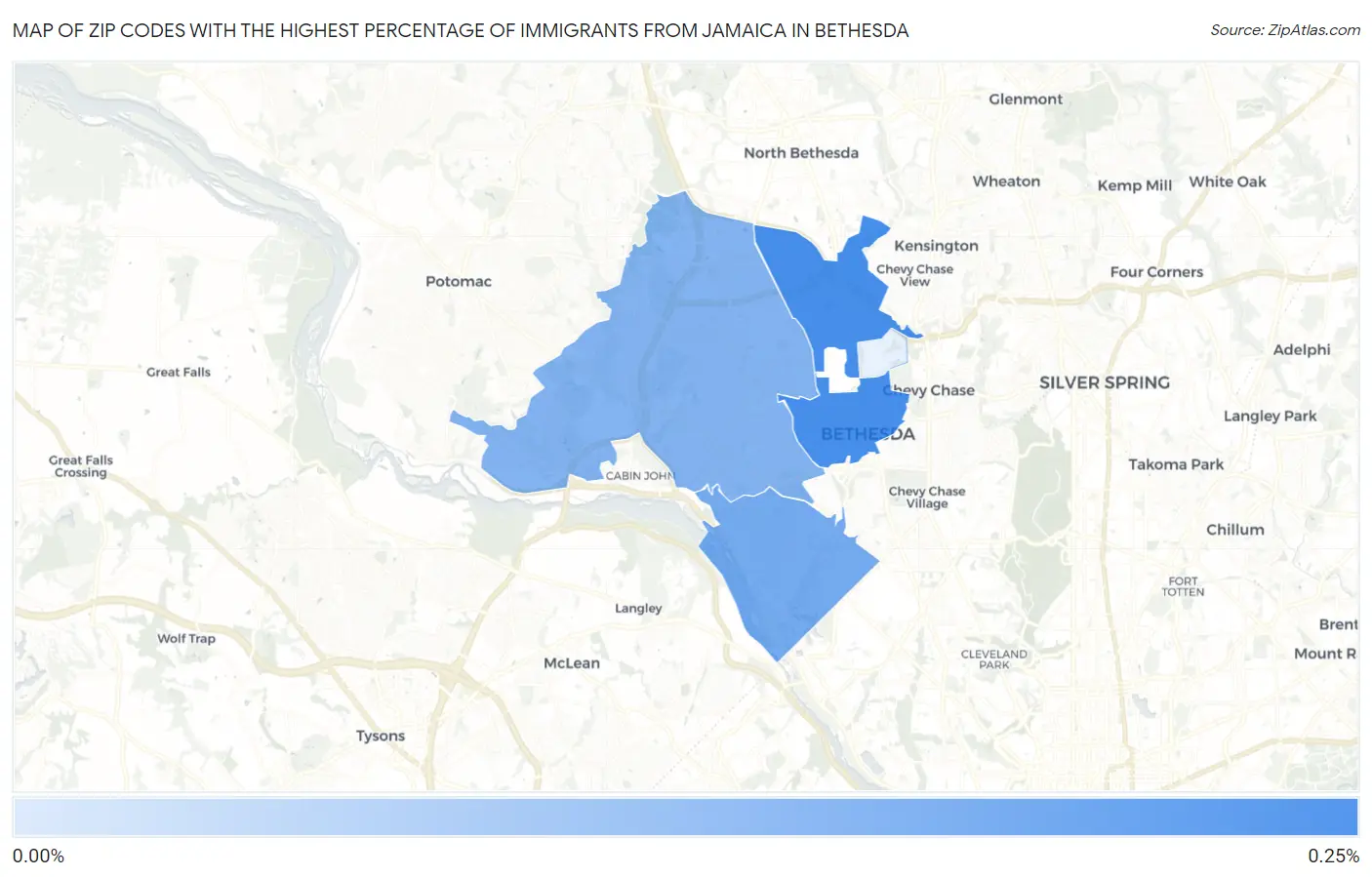 Zip Codes with the Highest Percentage of Immigrants from Jamaica in Bethesda Map