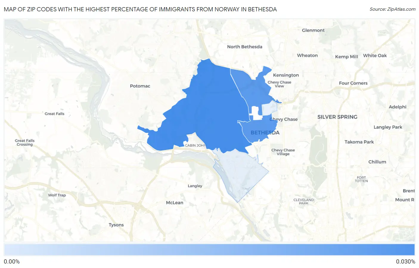Zip Codes with the Highest Percentage of Immigrants from Norway in Bethesda Map