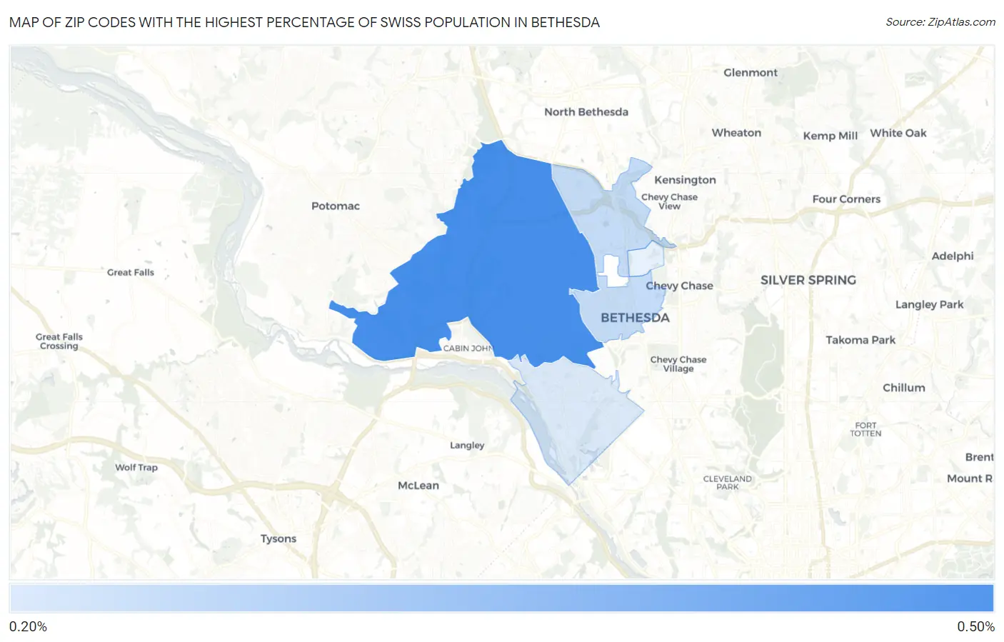 Zip Codes with the Highest Percentage of Swiss Population in Bethesda Map