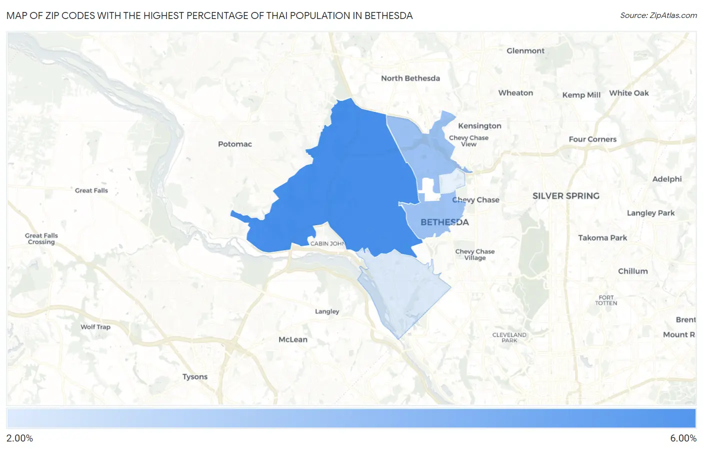 Zip Codes with the Highest Percentage of Thai Population in Bethesda Map
