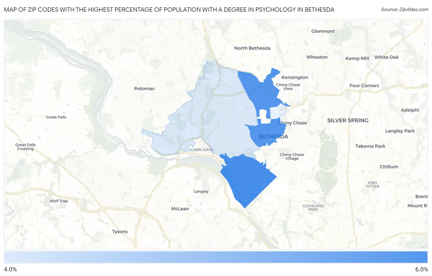 Zip Codes with the Highest Percentage of Population with a Degree in Psychology in Bethesda Map