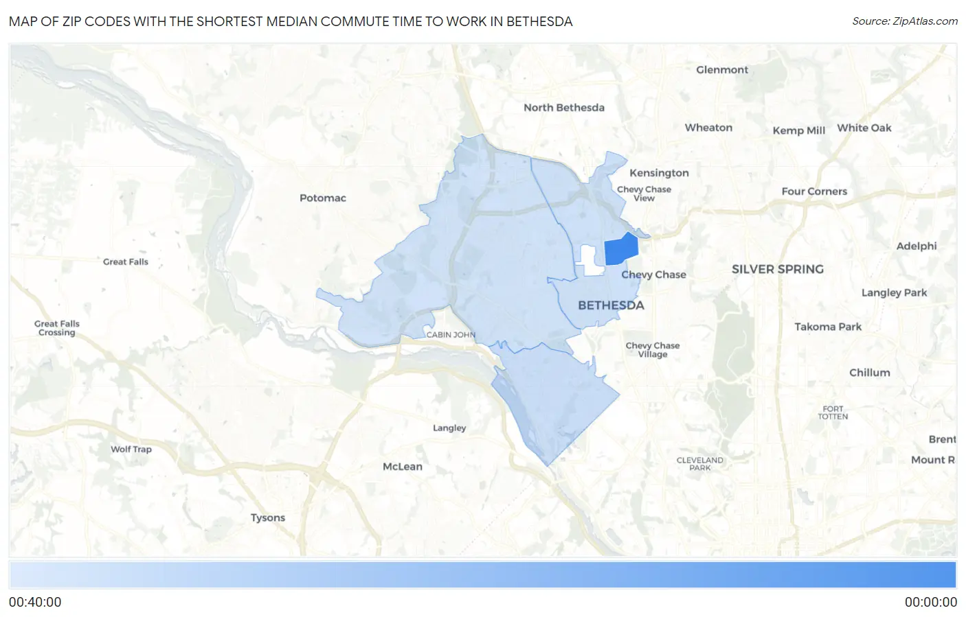 Zip Codes with the Shortest Median Commute Time to Work in Bethesda Map