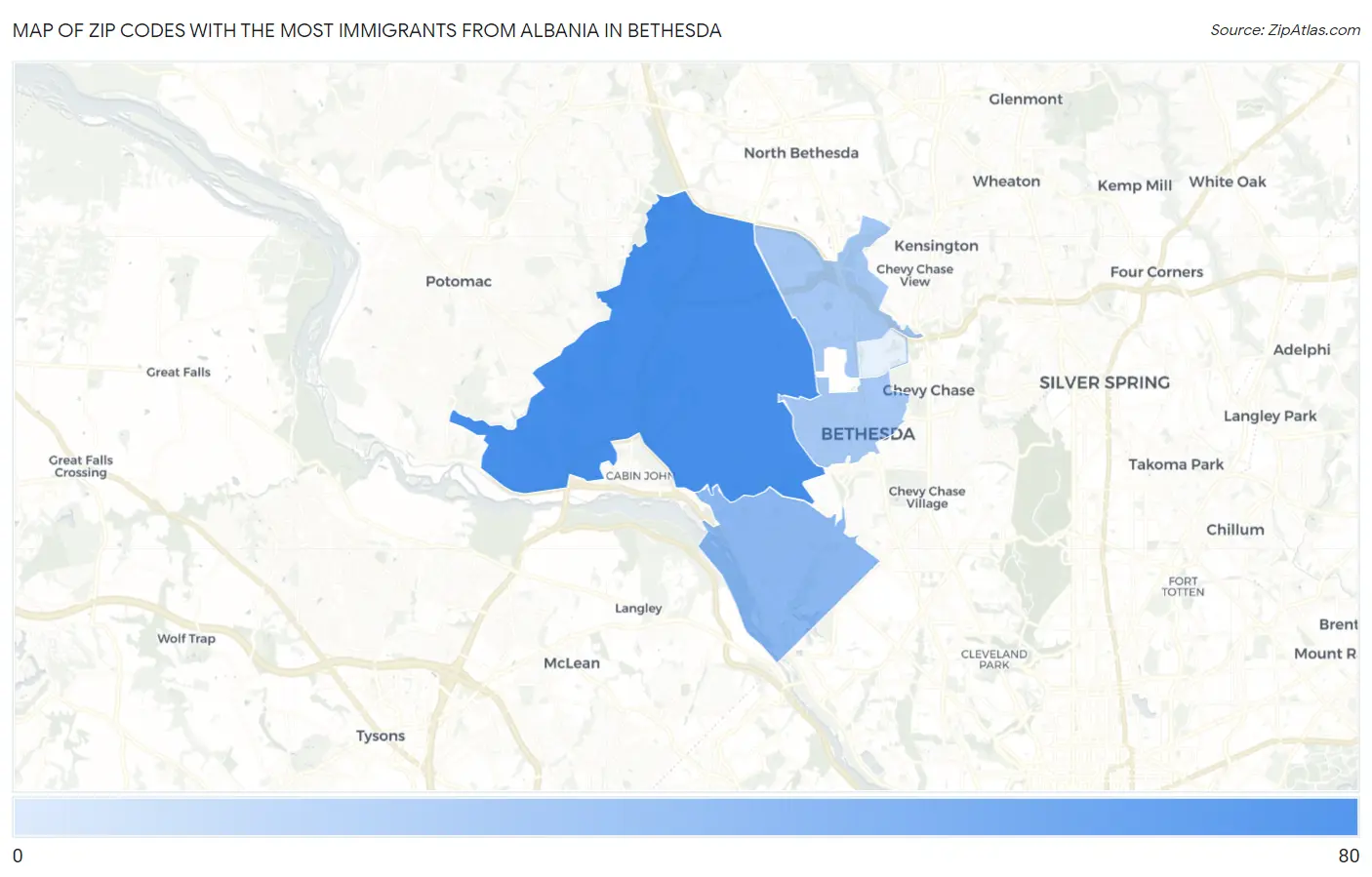 Zip Codes with the Most Immigrants from Albania in Bethesda Map