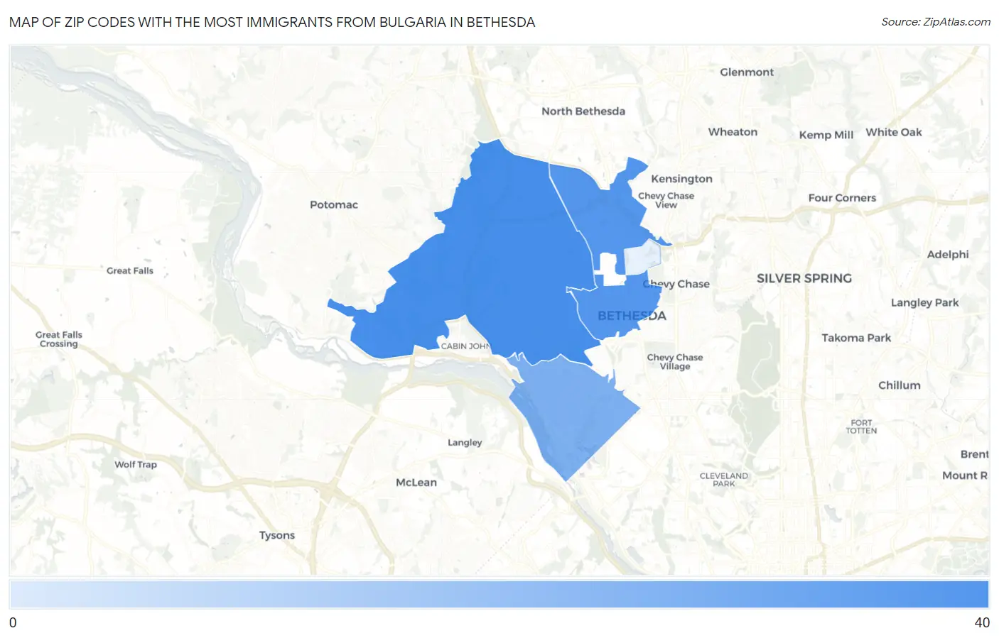 Zip Codes with the Most Immigrants from Bulgaria in Bethesda Map