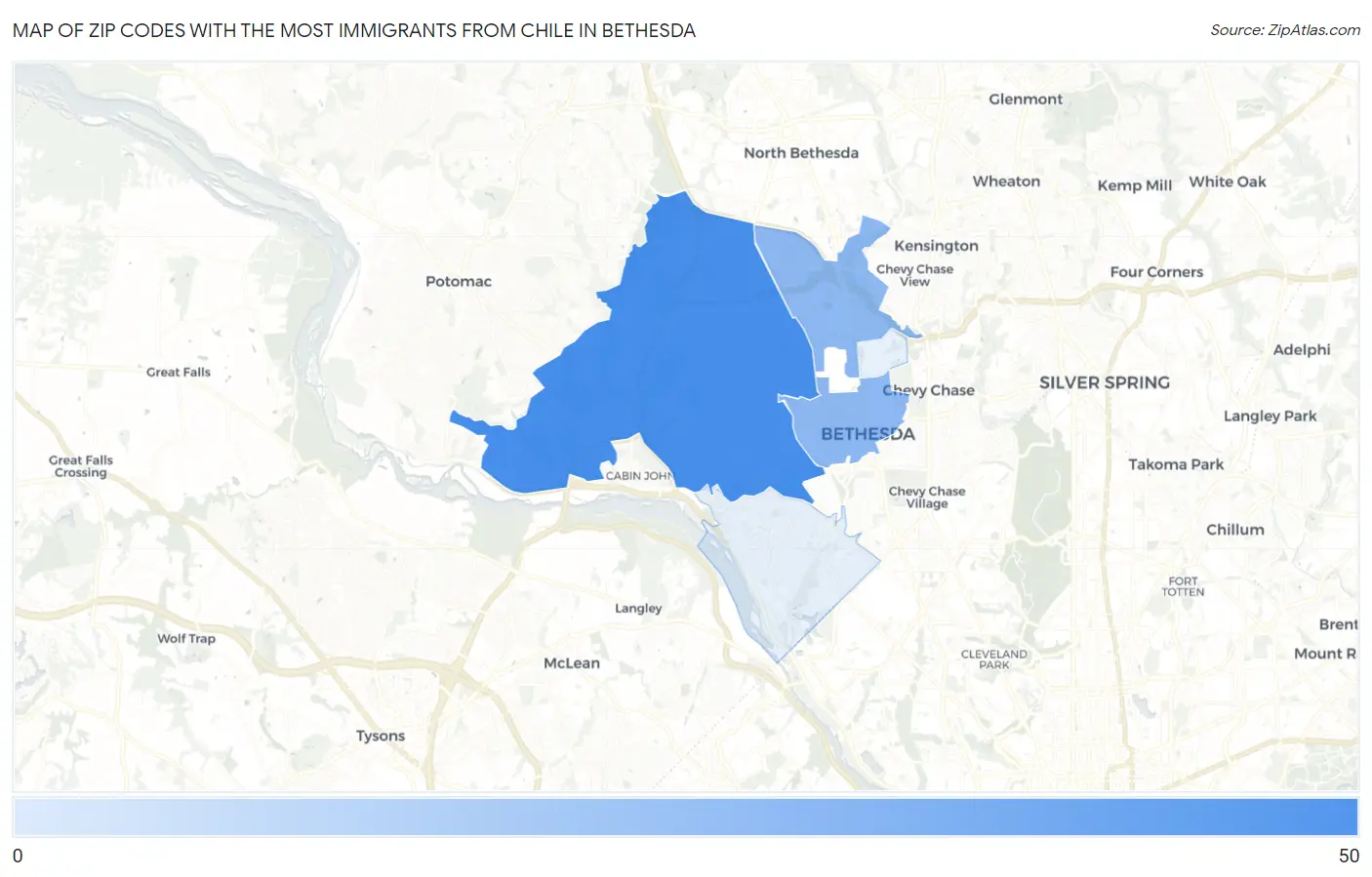 Zip Codes with the Most Immigrants from Chile in Bethesda Map