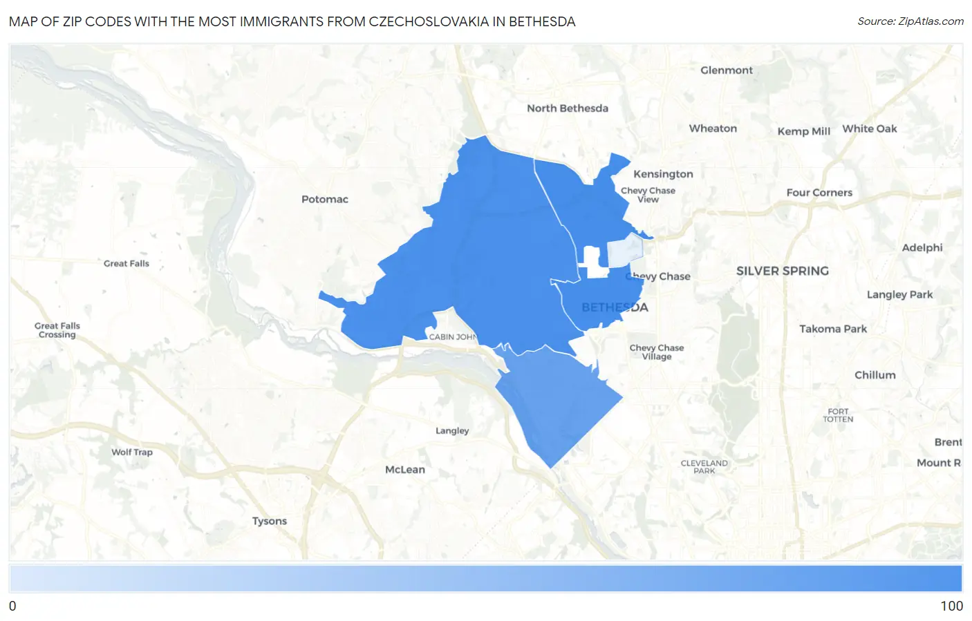 Zip Codes with the Most Immigrants from Czechoslovakia in Bethesda Map