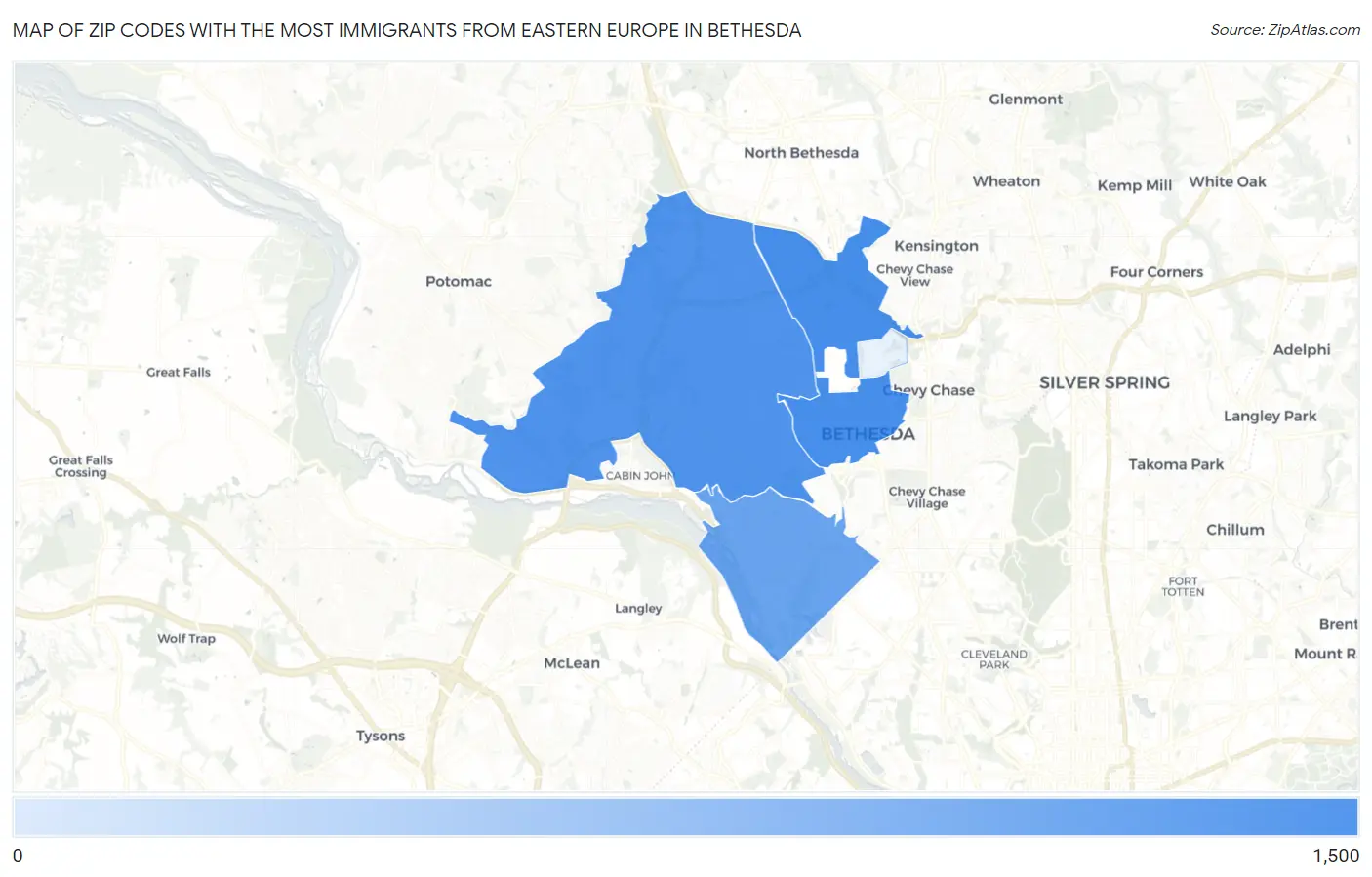 Zip Codes with the Most Immigrants from Eastern Europe in Bethesda Map
