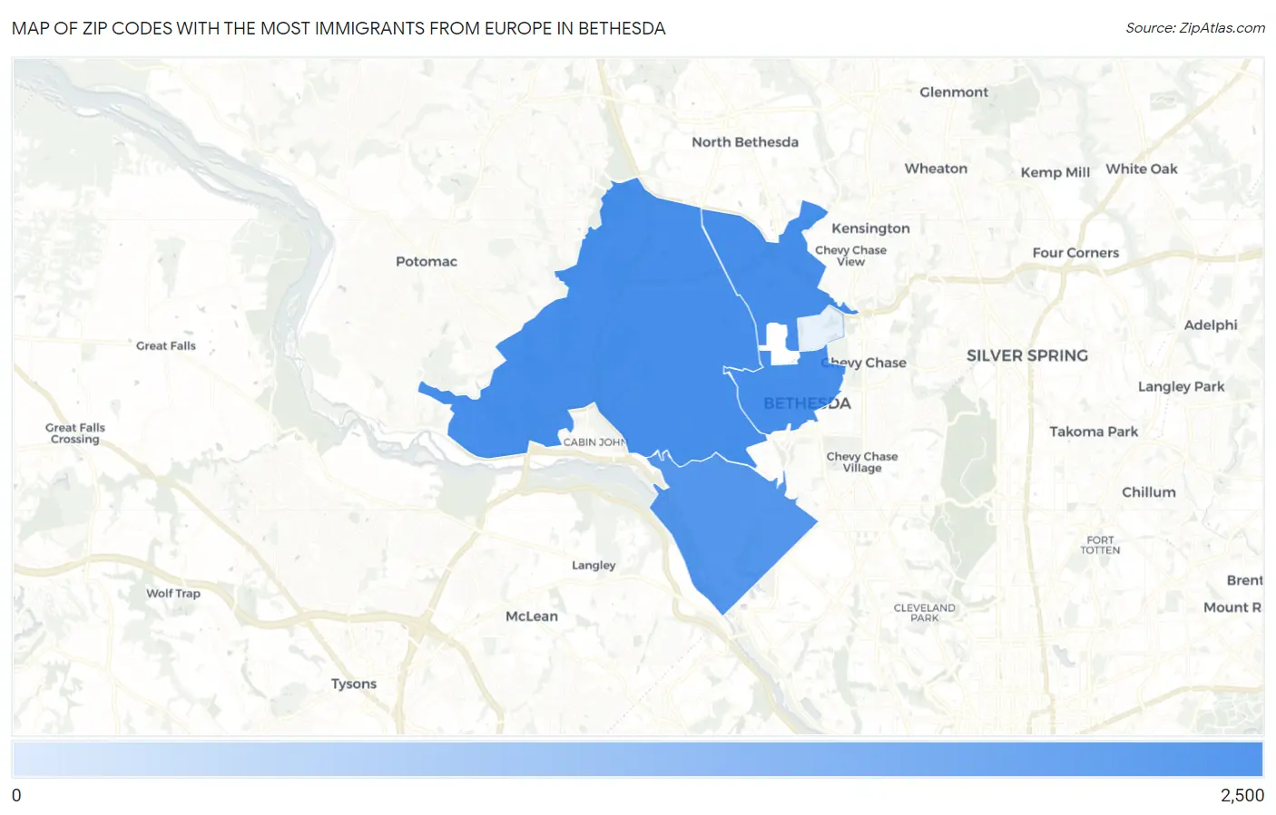 Zip Codes with the Most Immigrants from Europe in Bethesda Map