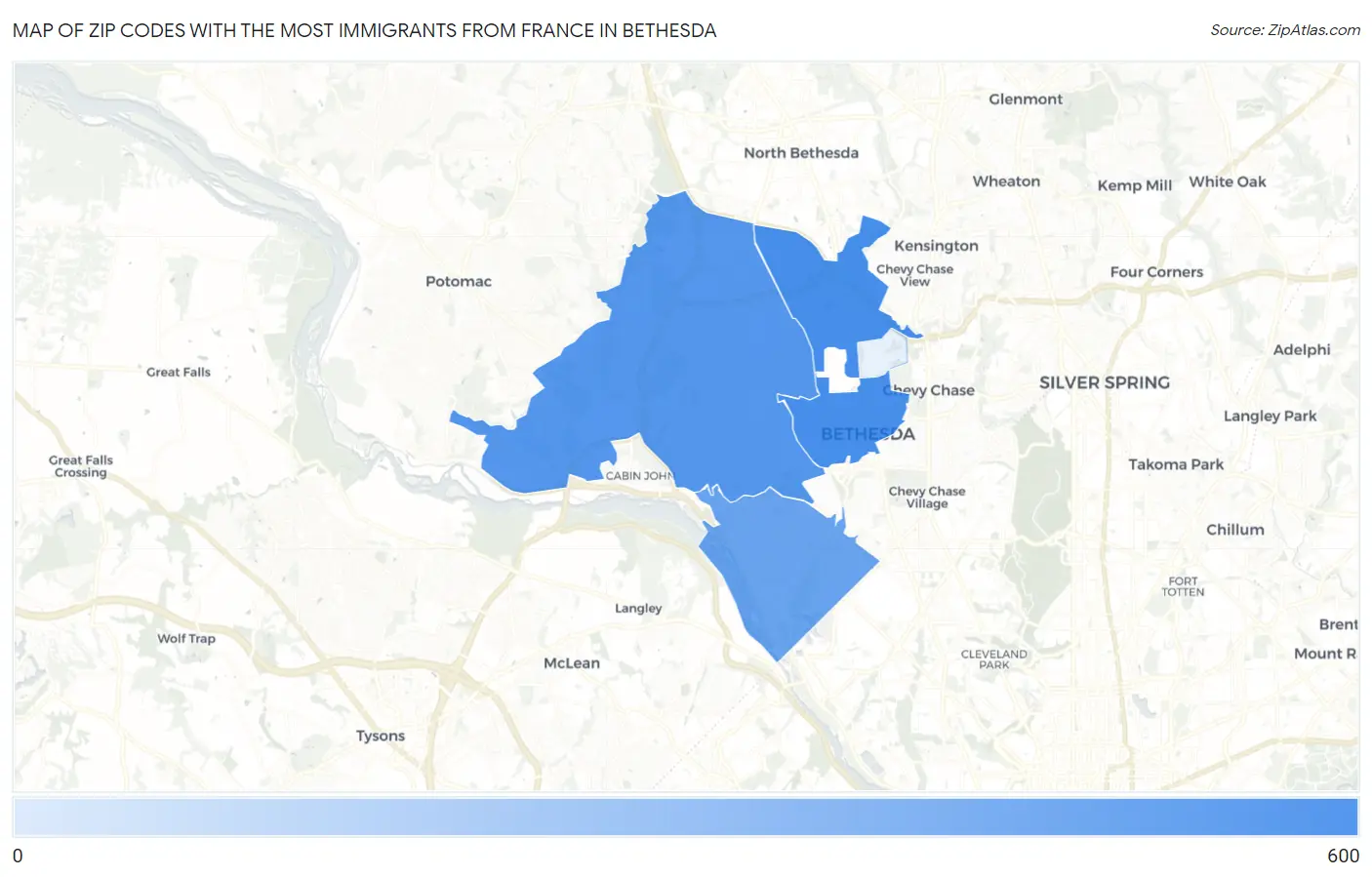 Zip Codes with the Most Immigrants from France in Bethesda Map
