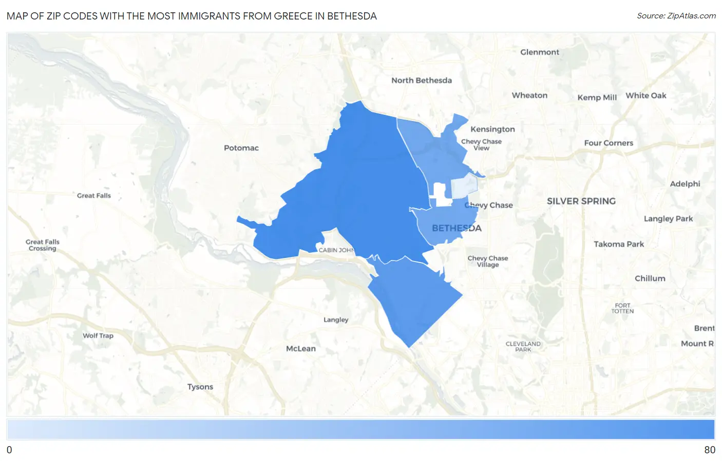 Zip Codes with the Most Immigrants from Greece in Bethesda Map