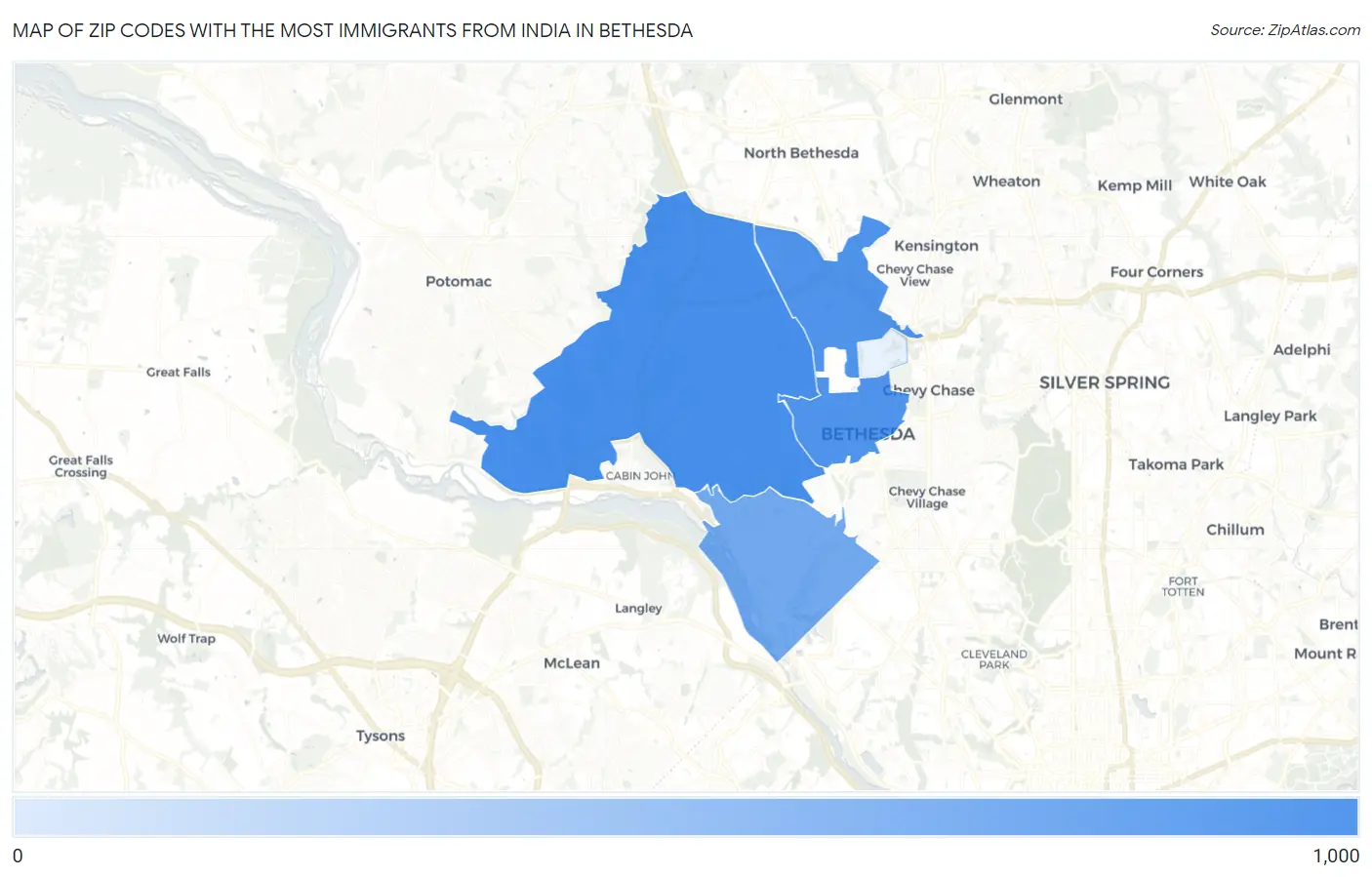 Zip Codes with the Most Immigrants from India in Bethesda Map