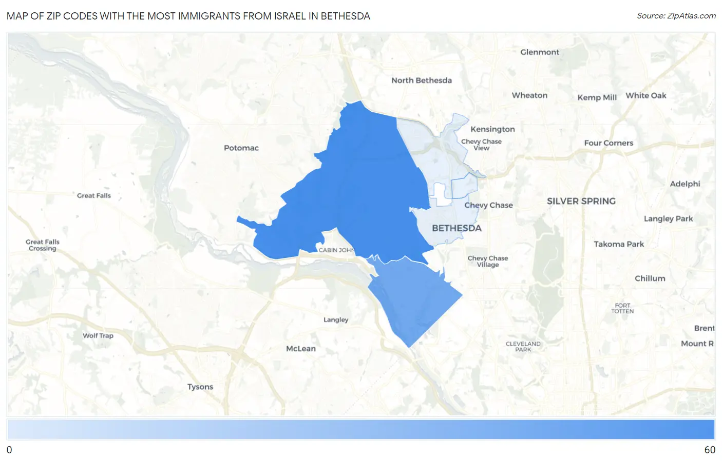 Zip Codes with the Most Immigrants from Israel in Bethesda Map