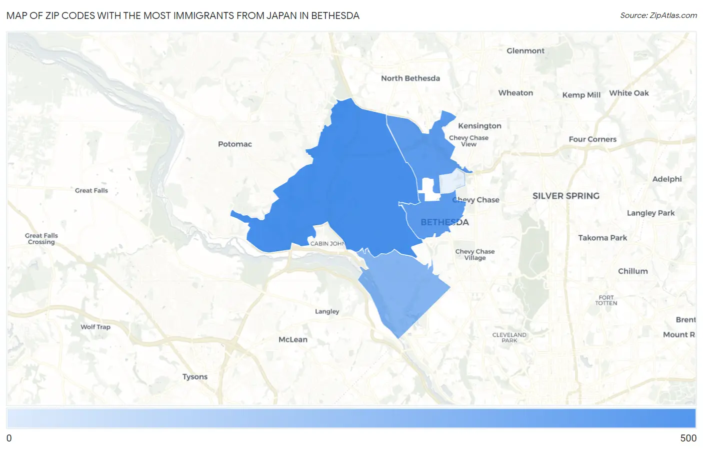 Zip Codes with the Most Immigrants from Japan in Bethesda Map