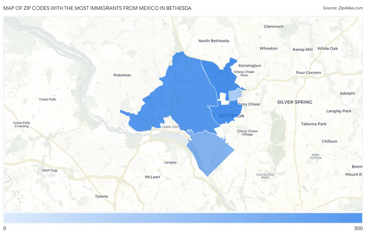 Zip Codes with the Most Immigrants from Mexico in Bethesda Map