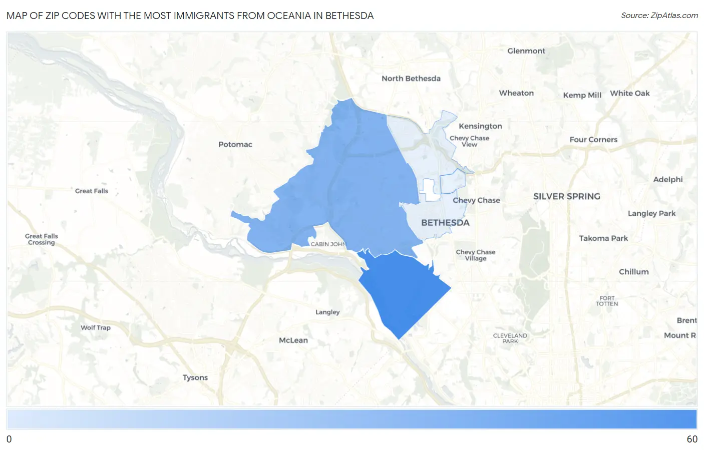 Zip Codes with the Most Immigrants from Oceania in Bethesda Map