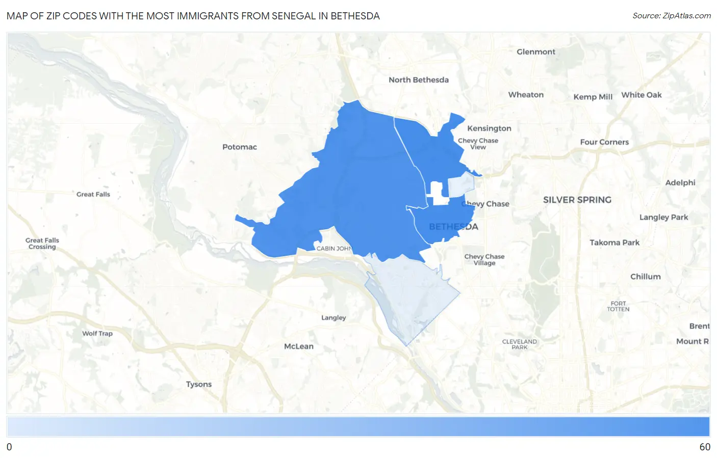 Zip Codes with the Most Immigrants from Senegal in Bethesda Map