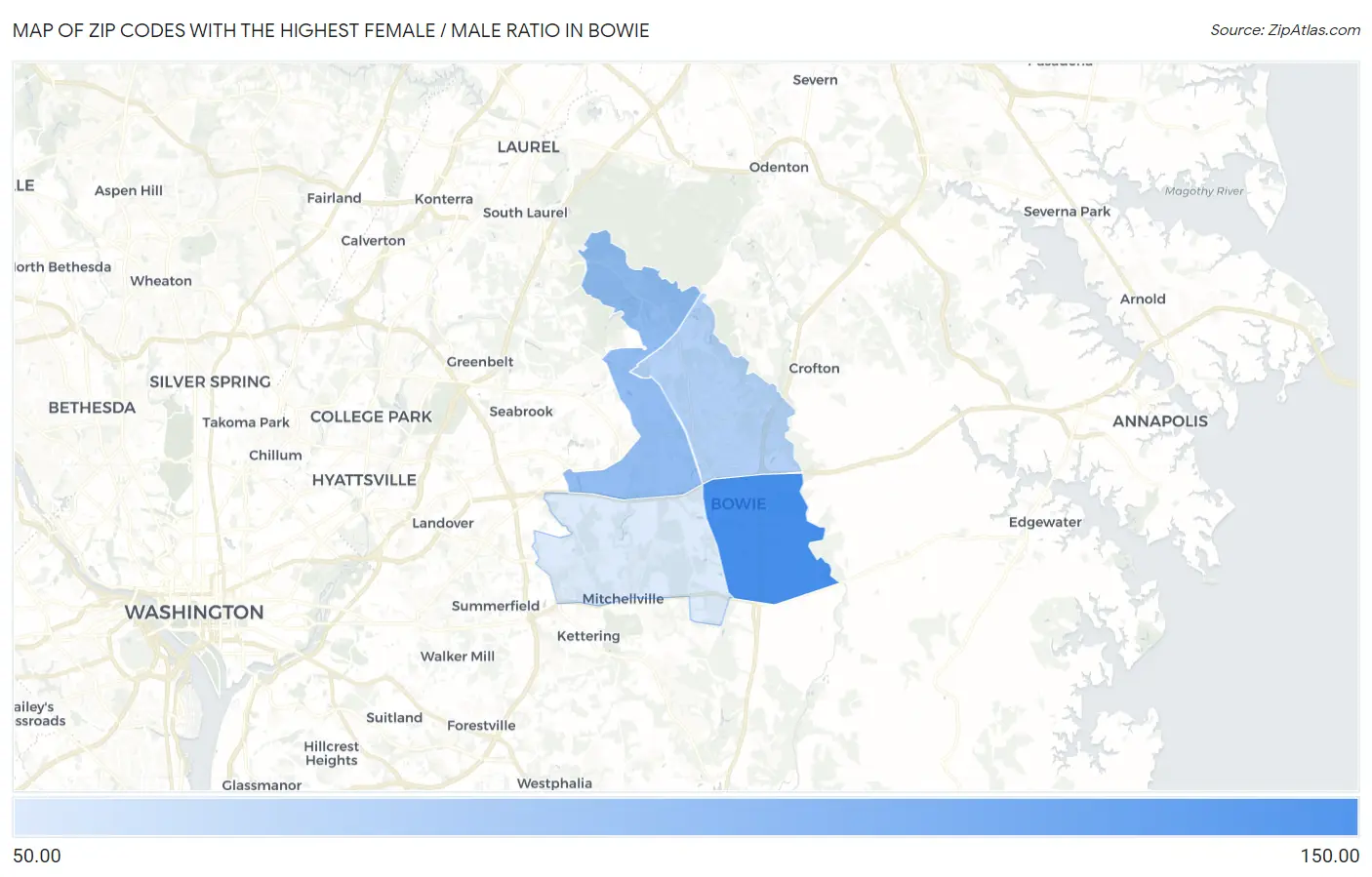 Zip Codes with the Highest Female / Male Ratio in Bowie Map