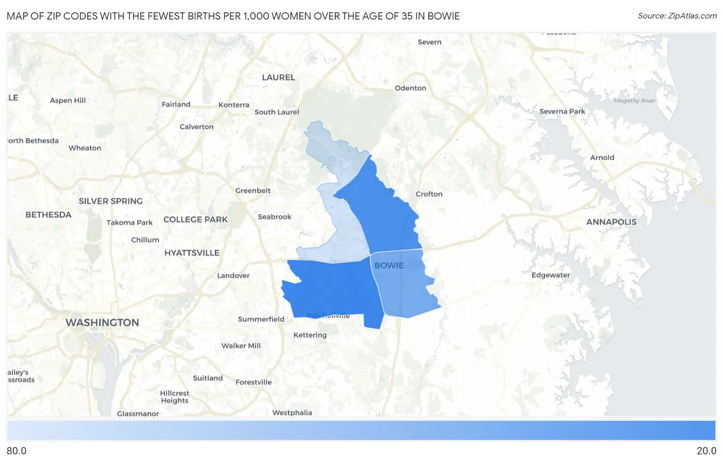 Zip Codes with the Fewest Births per 1,000 Women Over the Age of 35 in Bowie Map