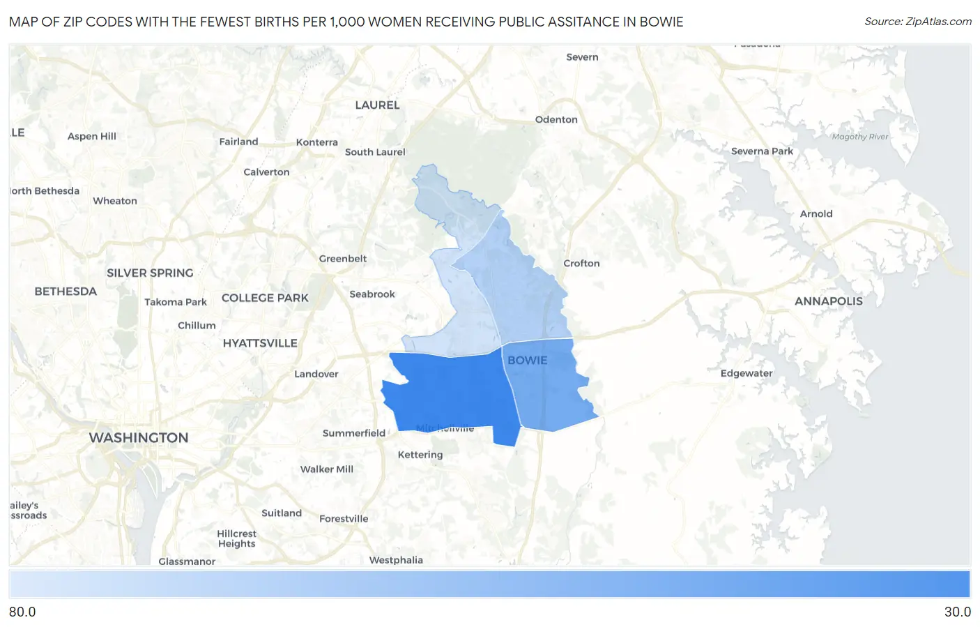 Zip Codes with the Fewest Births per 1,000 Women Receiving Public Assitance in Bowie Map