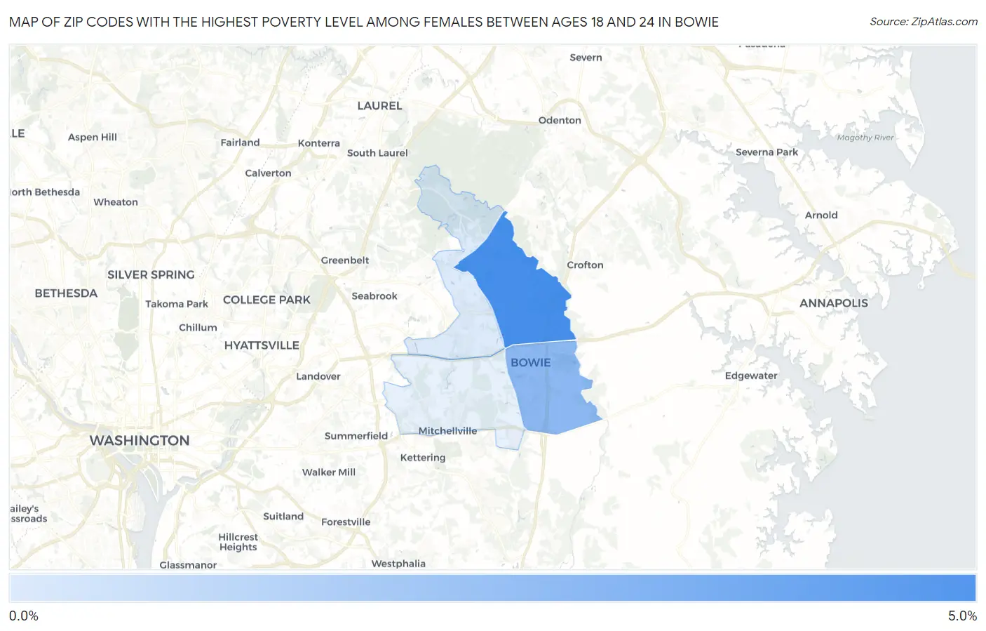 Zip Codes with the Highest Poverty Level Among Females Between Ages 18 and 24 in Bowie Map