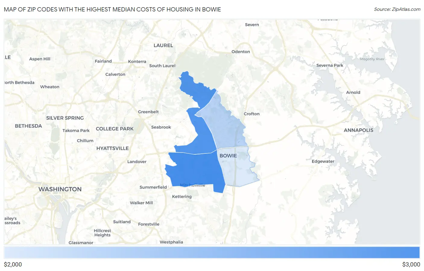 Zip Codes with the Highest Median Costs of Housing in Bowie Map