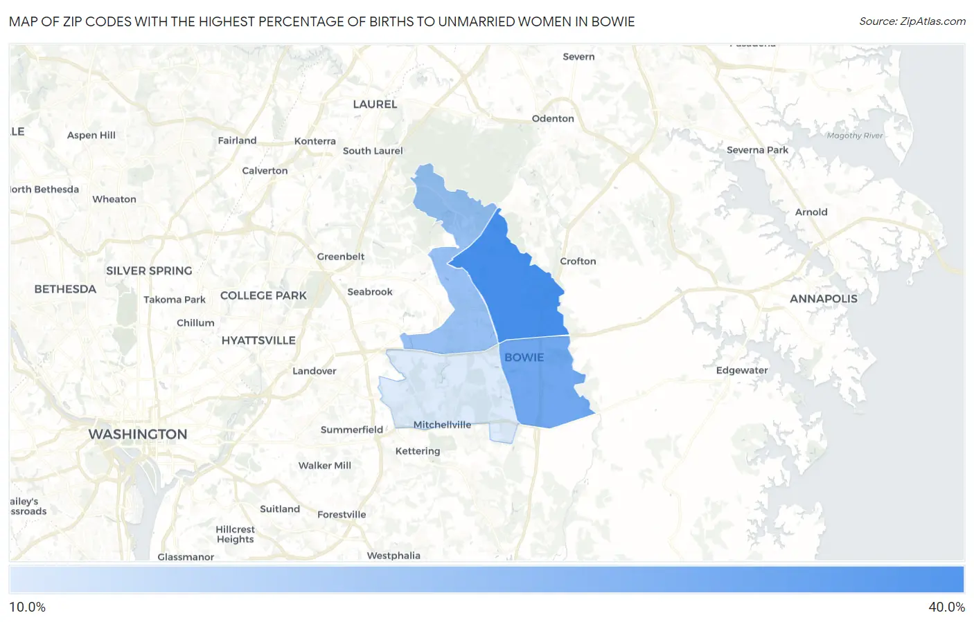 Zip Codes with the Highest Percentage of Births to Unmarried Women in Bowie Map