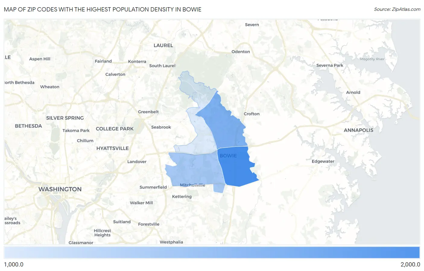 Zip Codes with the Highest Population Density in Bowie Map