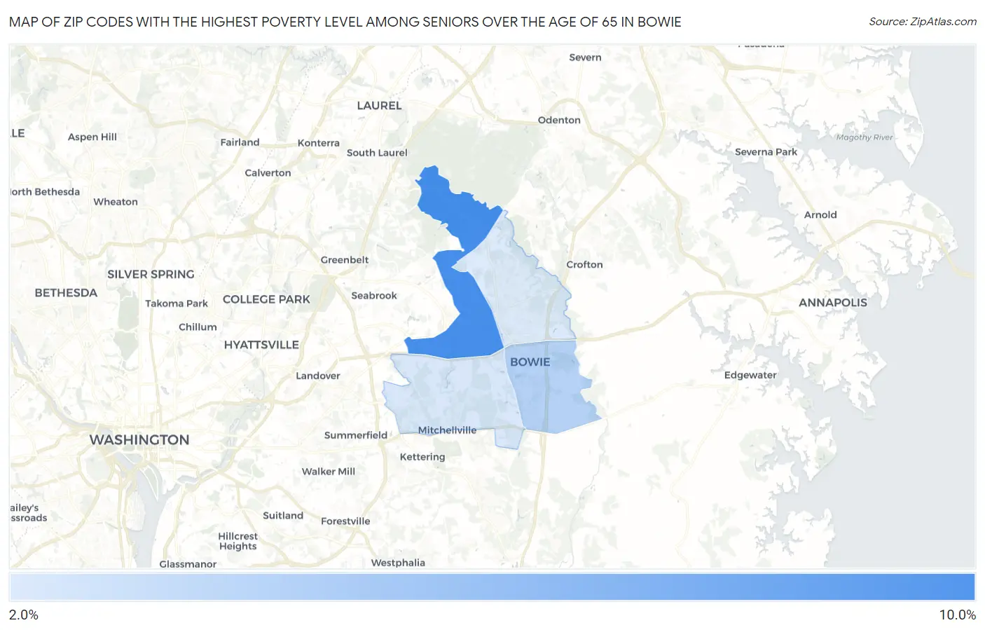 Zip Codes with the Highest Poverty Level Among Seniors Over the Age of 65 in Bowie Map