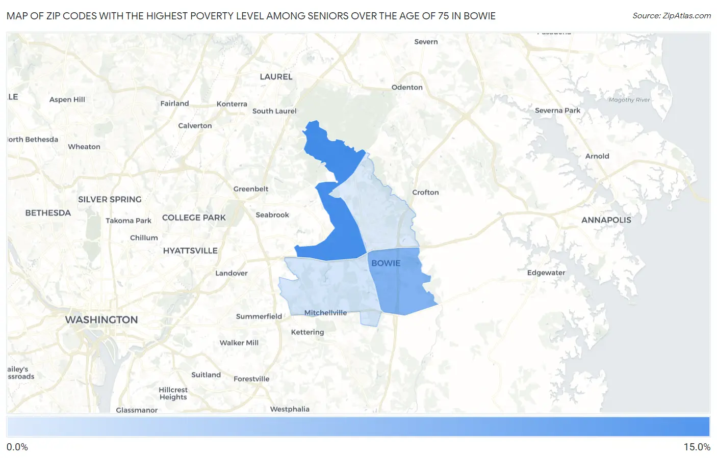 Zip Codes with the Highest Poverty Level Among Seniors Over the Age of 75 in Bowie Map