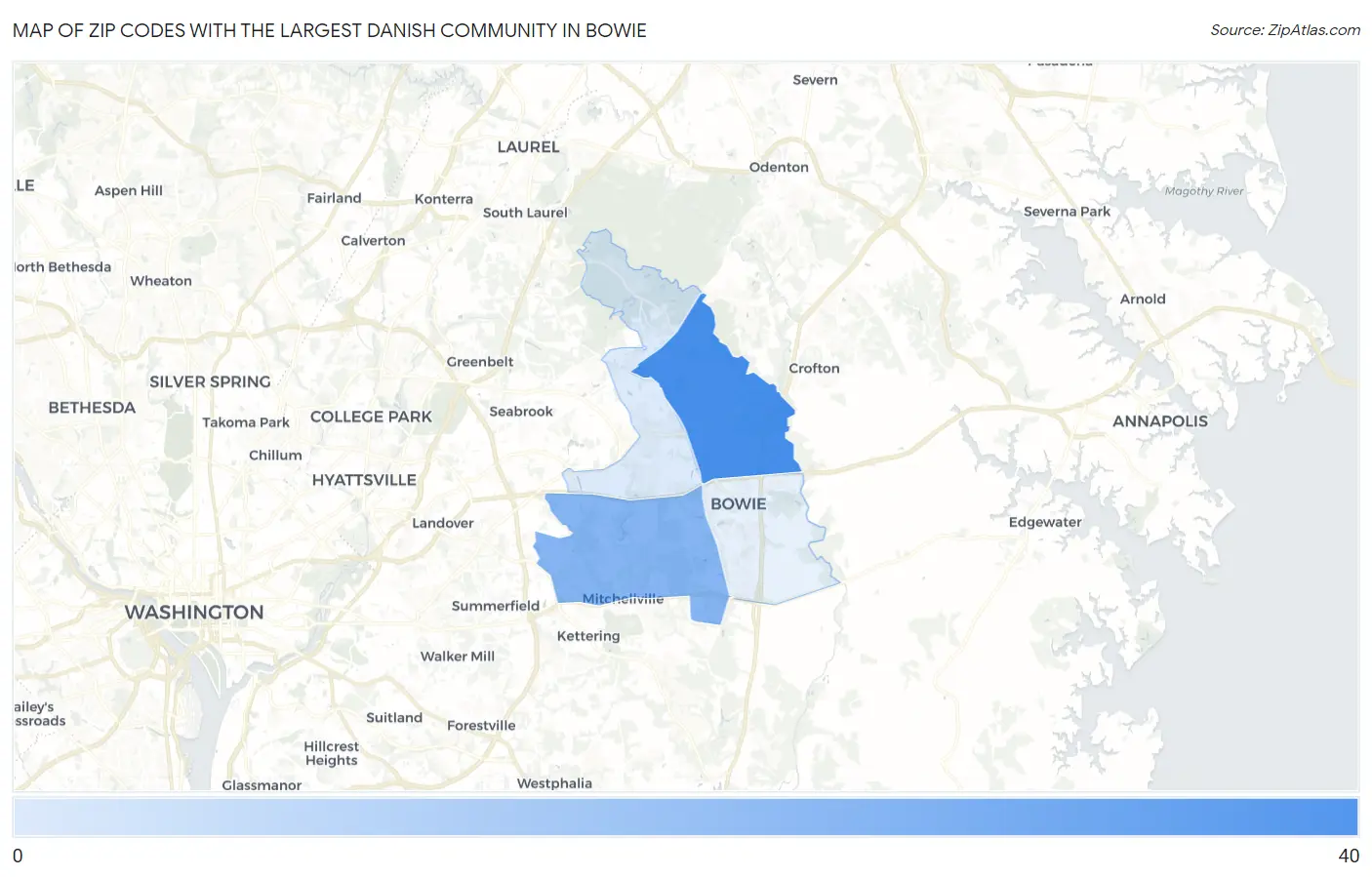 Zip Codes with the Largest Danish Community in Bowie Map