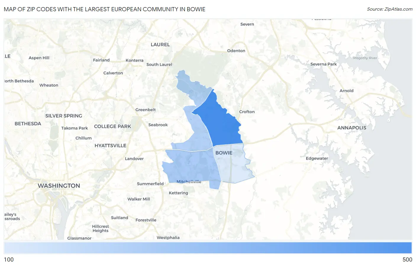 Zip Codes with the Largest European Community in Bowie Map