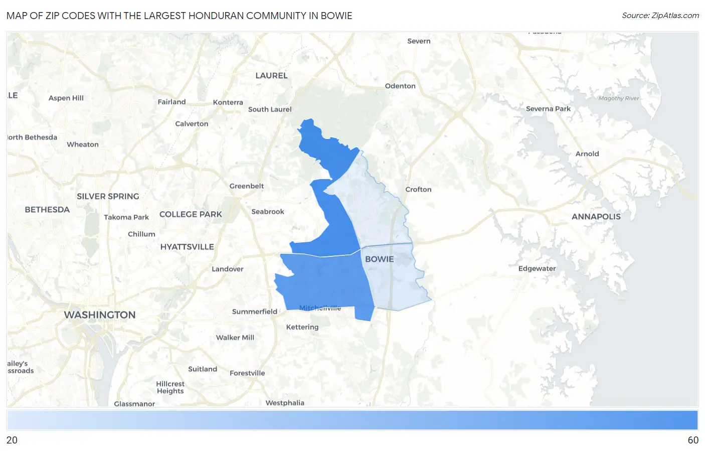 Zip Codes with the Largest Honduran Community in Bowie Map