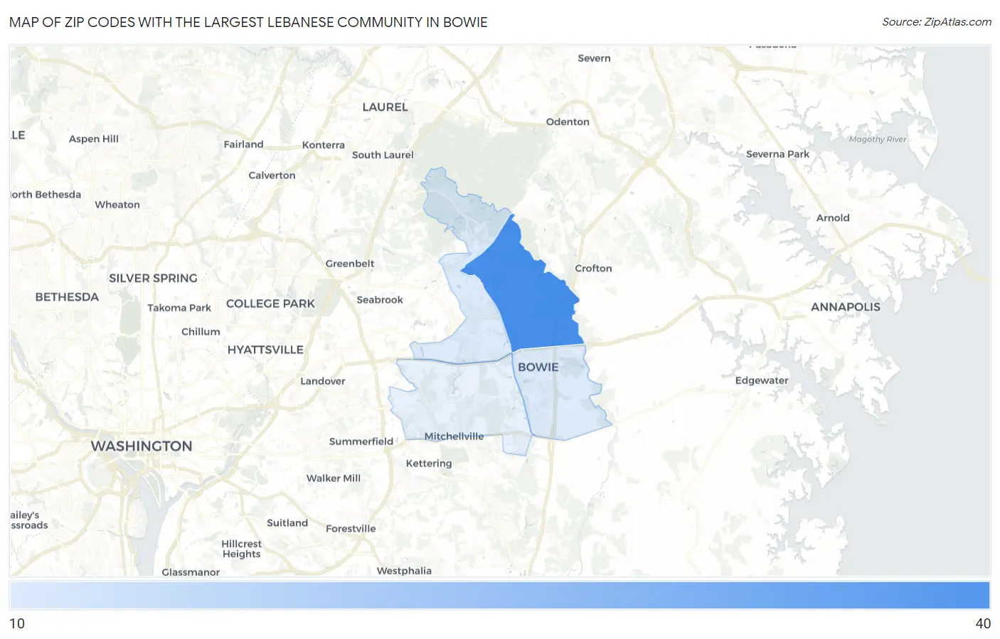 Zip Codes with the Largest Lebanese Community in Bowie Map
