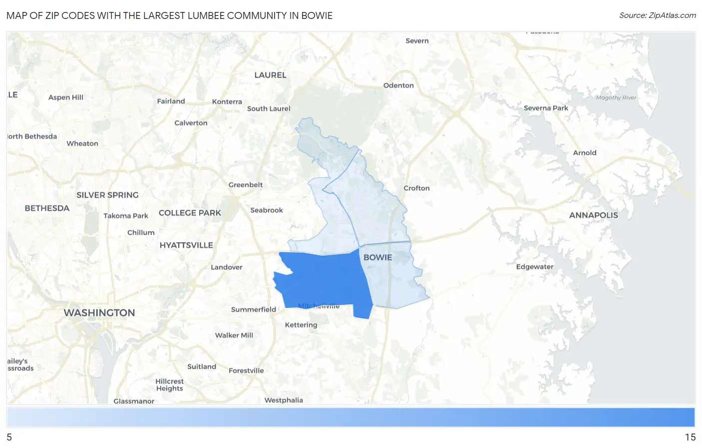 Zip Codes with the Largest Lumbee Community in Bowie Map