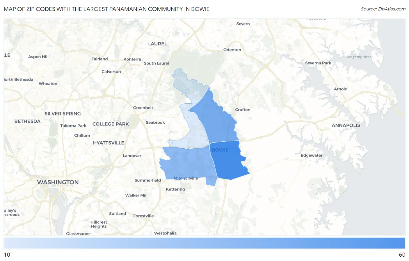 Zip Codes with the Largest Panamanian Community in Bowie Map