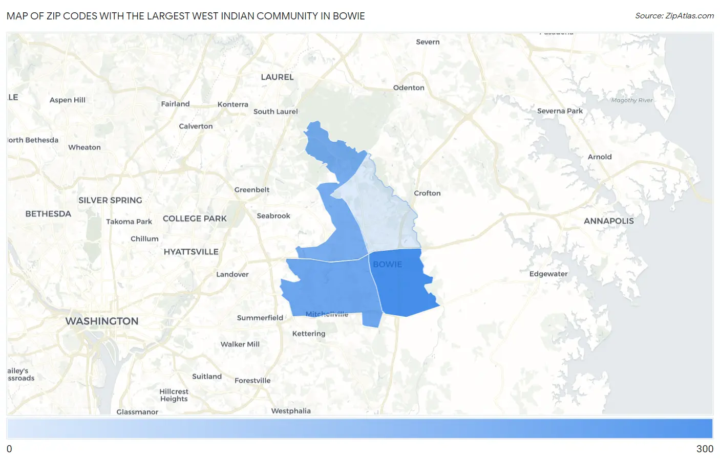 Zip Codes with the Largest West Indian Community in Bowie Map
