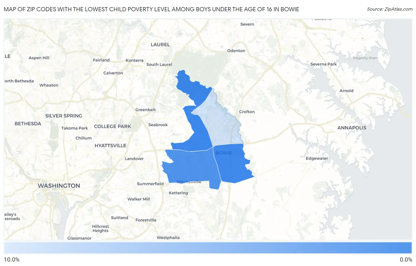 Zip Codes with the Lowest Child Poverty Level Among Boys Under the Age of 16 in Bowie Map
