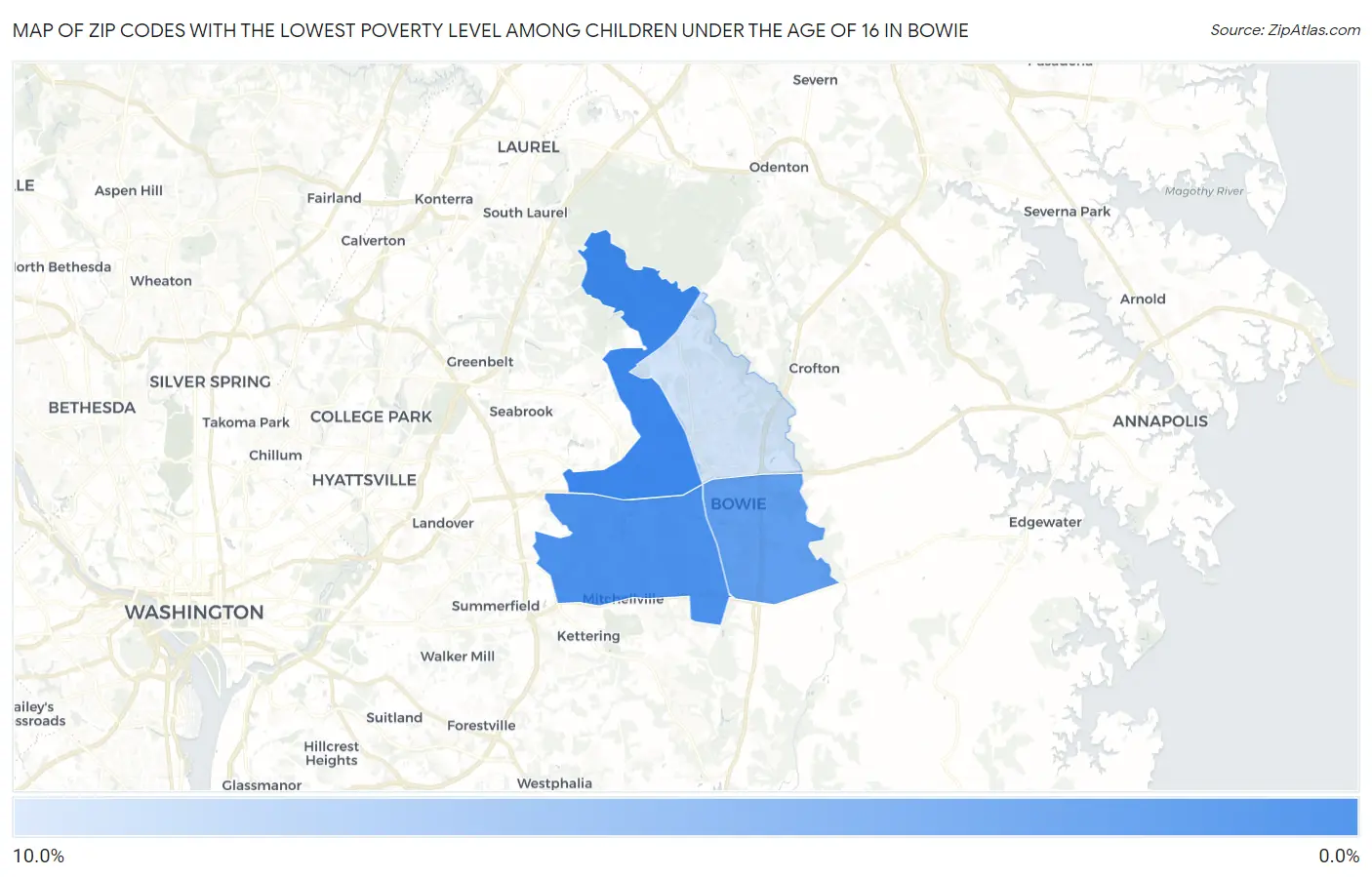 Zip Codes with the Lowest Poverty Level Among Children Under the Age of 16 in Bowie Map