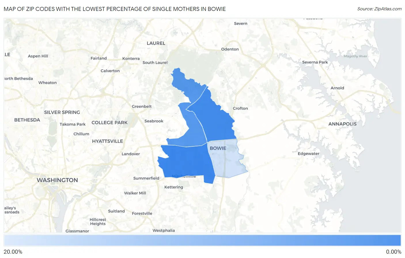Zip Codes with the Lowest Percentage of Single Mothers in Bowie Map