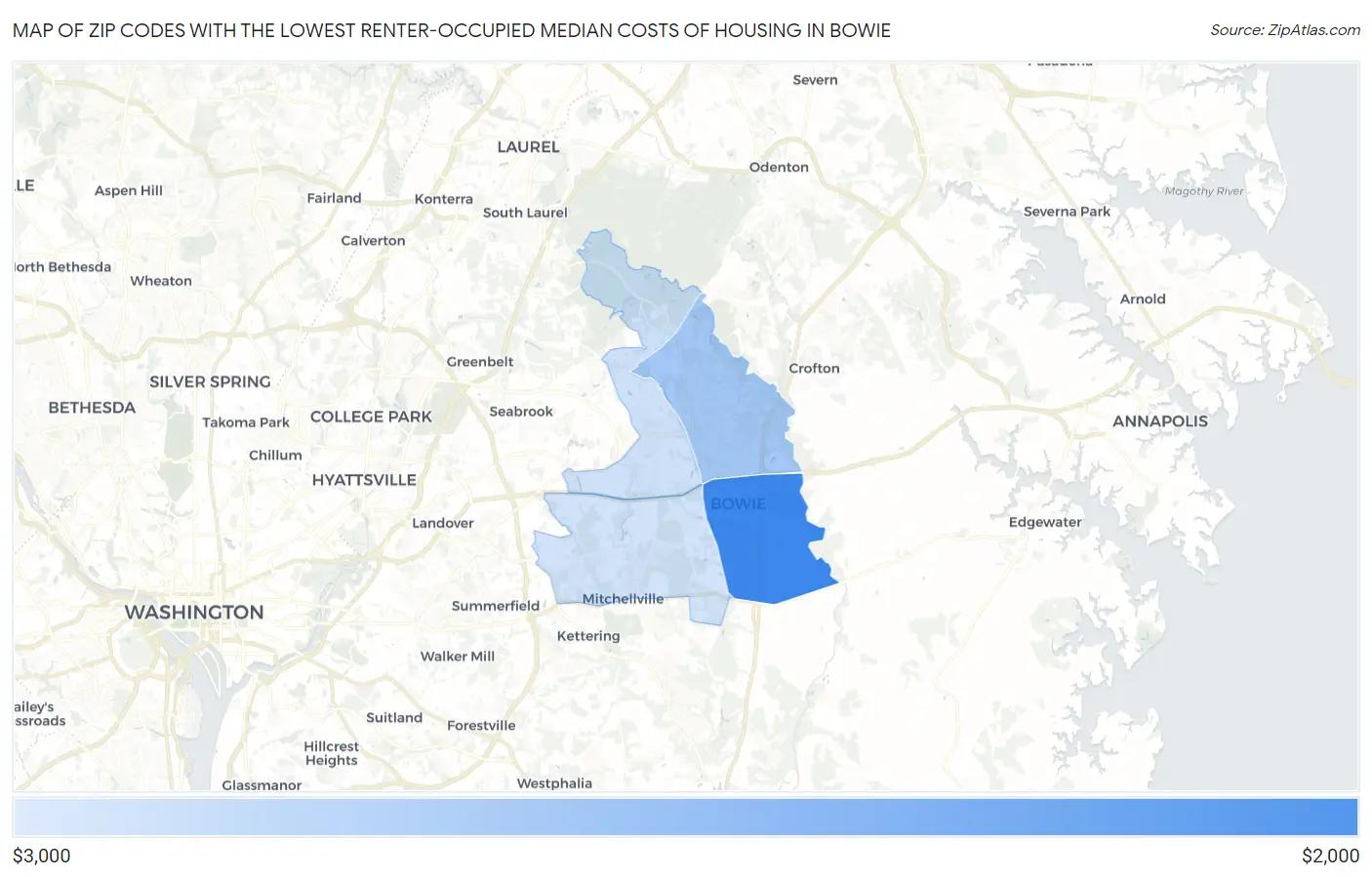 Zip Codes with the Lowest Renter-Occupied Median Costs of Housing in Bowie Map