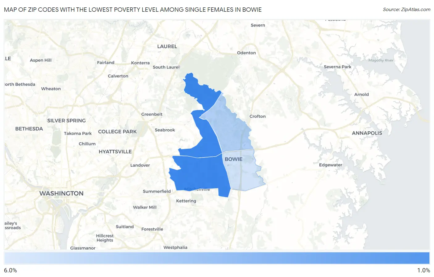 Zip Codes with the Lowest Poverty Level Among Single Females in Bowie Map