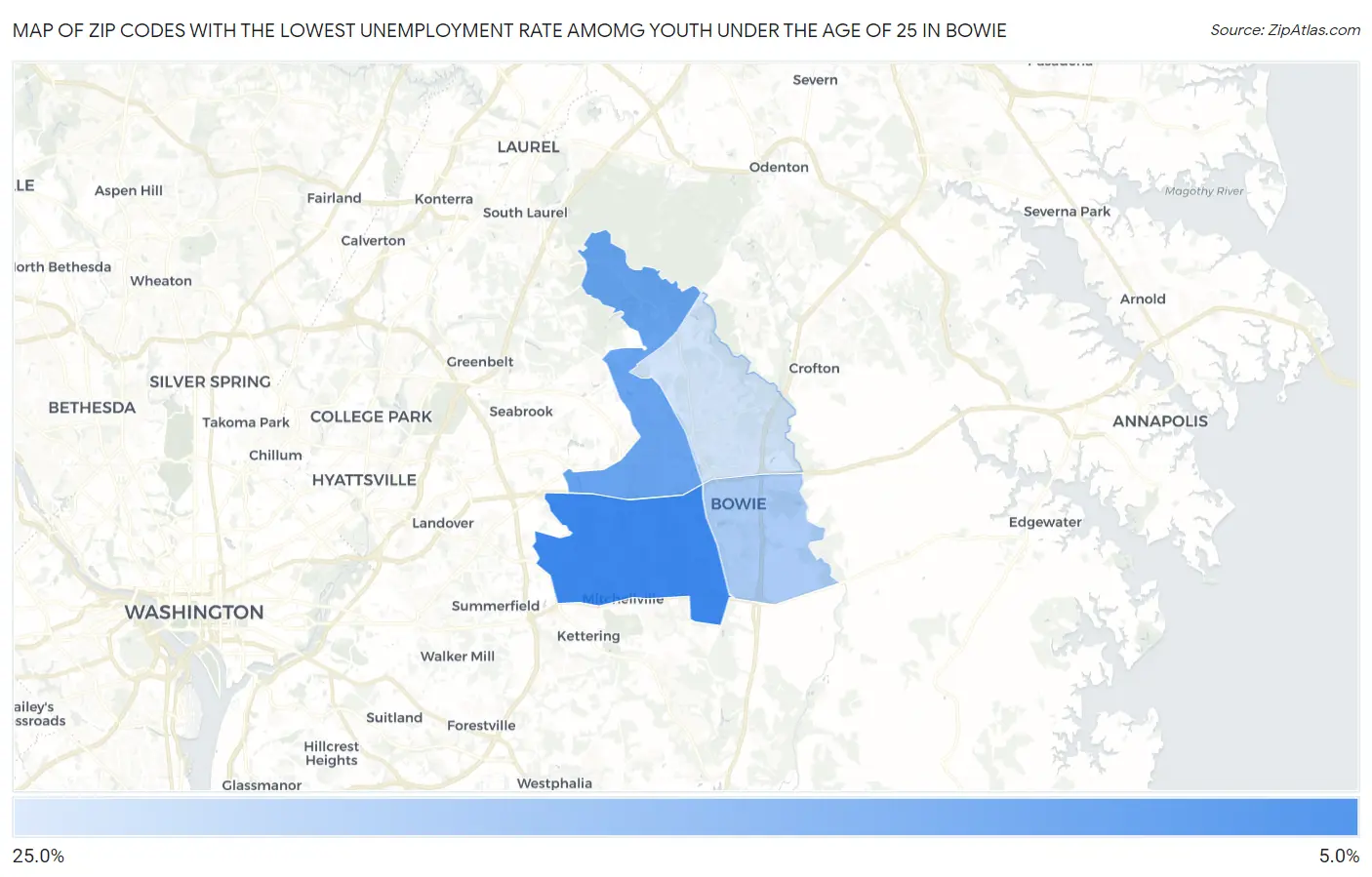 Zip Codes with the Lowest Unemployment Rate Amomg Youth Under the Age of 25 in Bowie Map