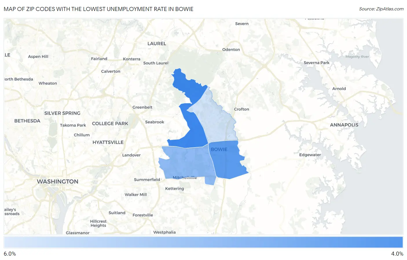 Zip Codes with the Lowest Unemployment Rate in Bowie Map