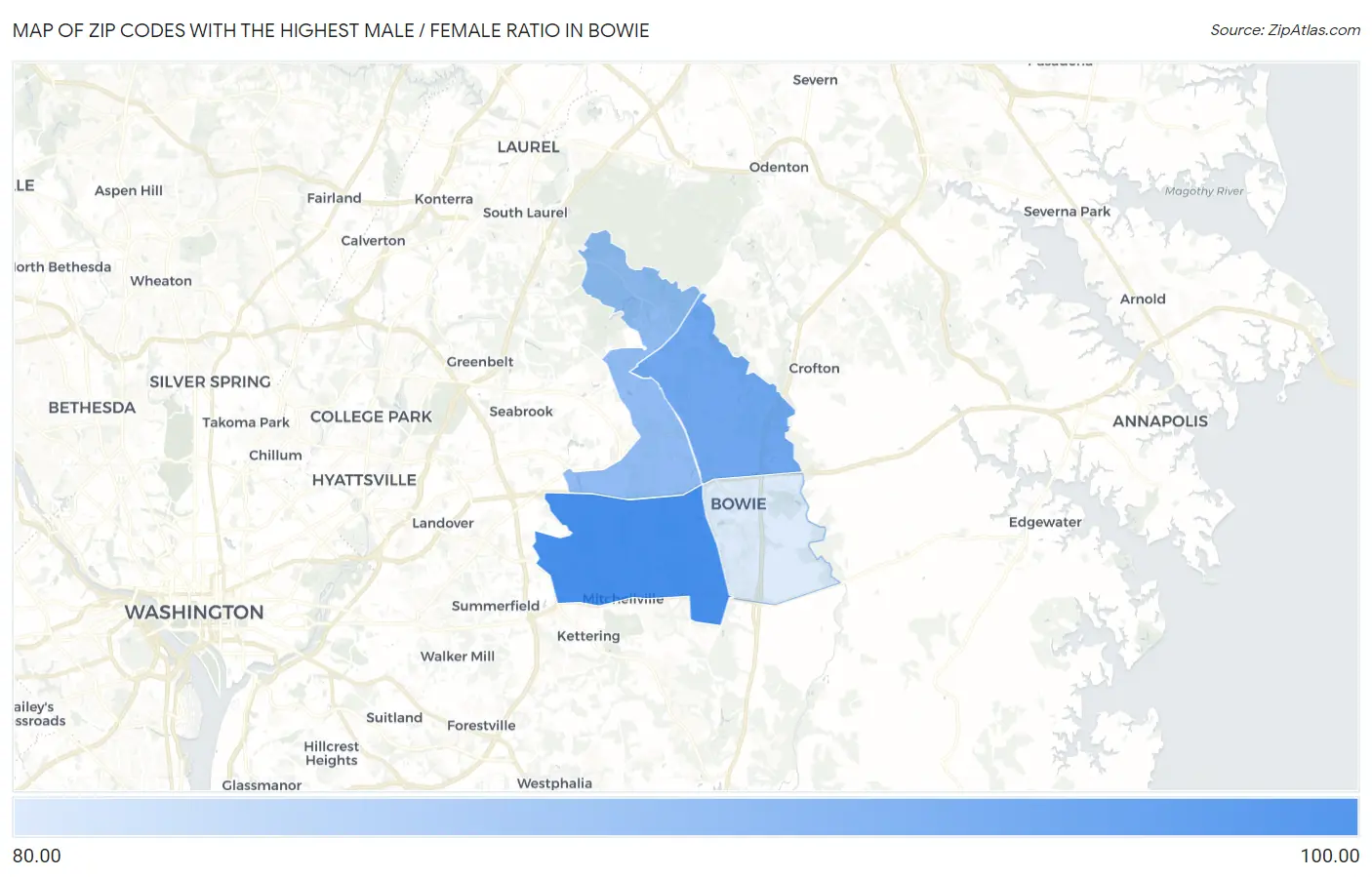 Zip Codes with the Highest Male / Female Ratio in Bowie Map