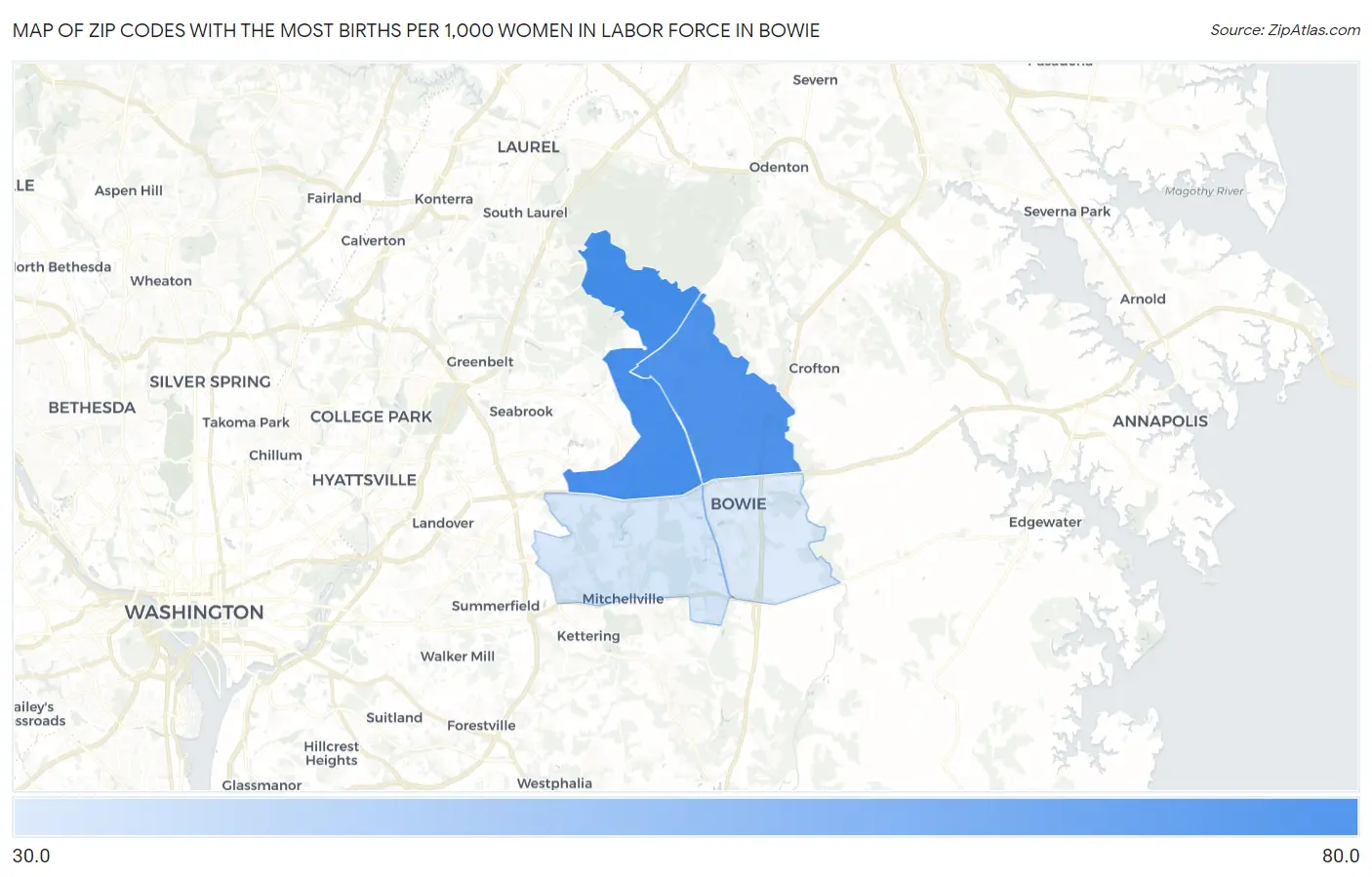 Zip Codes with the Most Births per 1,000 Women in Labor Force in Bowie Map