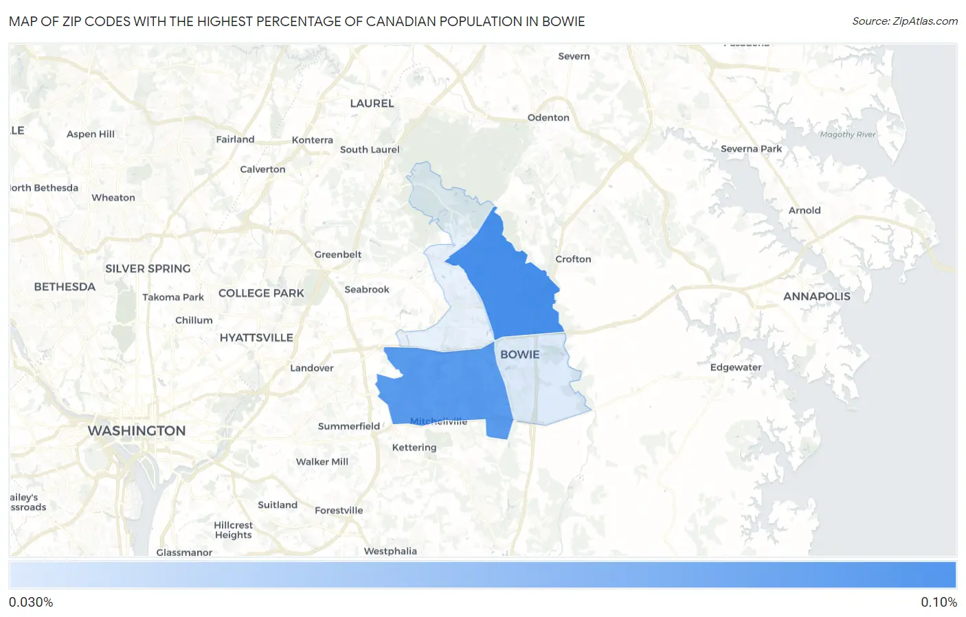 Zip Codes with the Highest Percentage of Canadian Population in Bowie Map