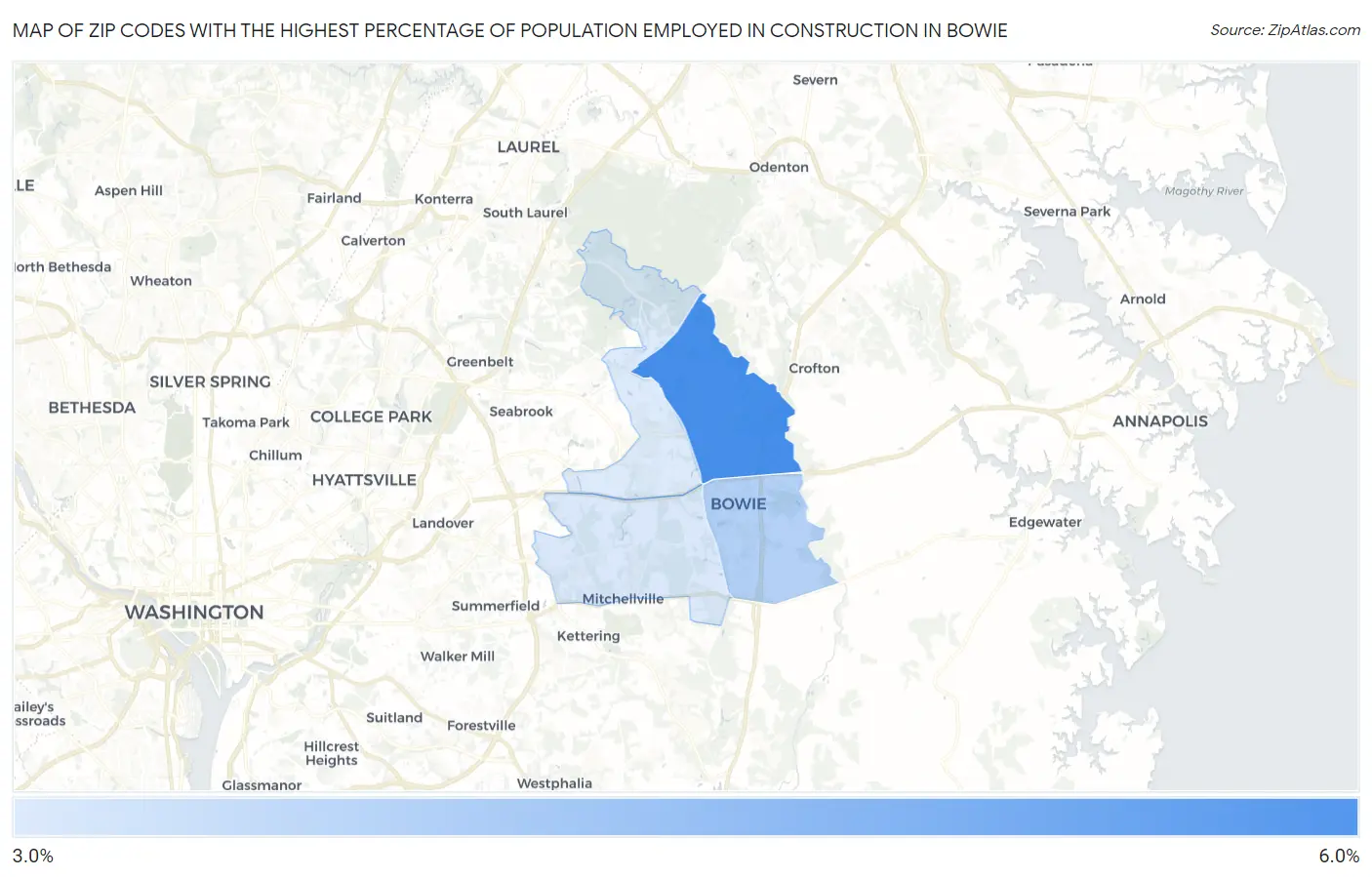 Zip Codes with the Highest Percentage of Population Employed in Construction in Bowie Map